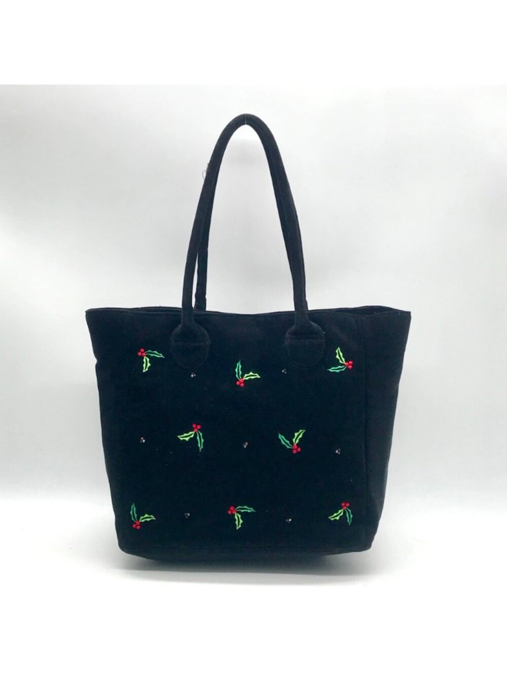 Black Velvet Holly Berry Pattern Tote Bag - Picture 2 of 11